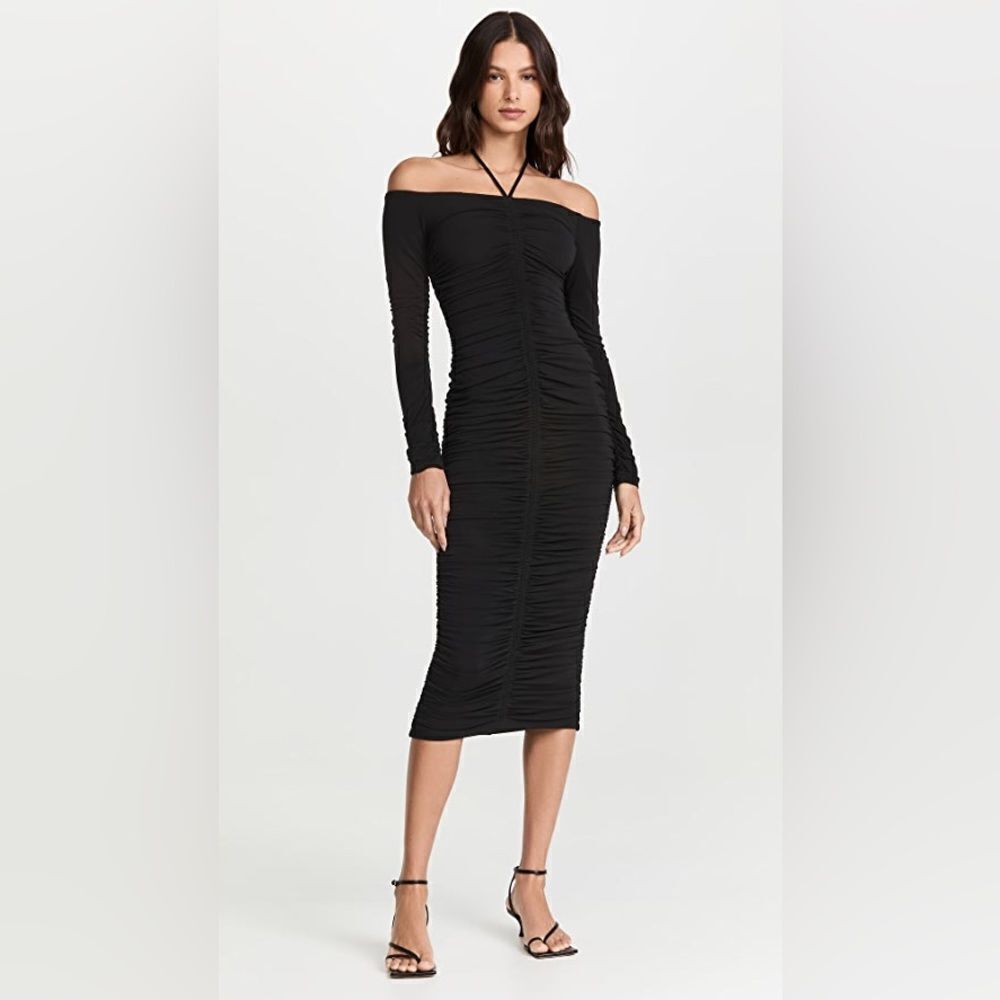 A.L.C. Avery Black Long Sleeve Ruched Off the Shoulder Midi Dress Size XS New